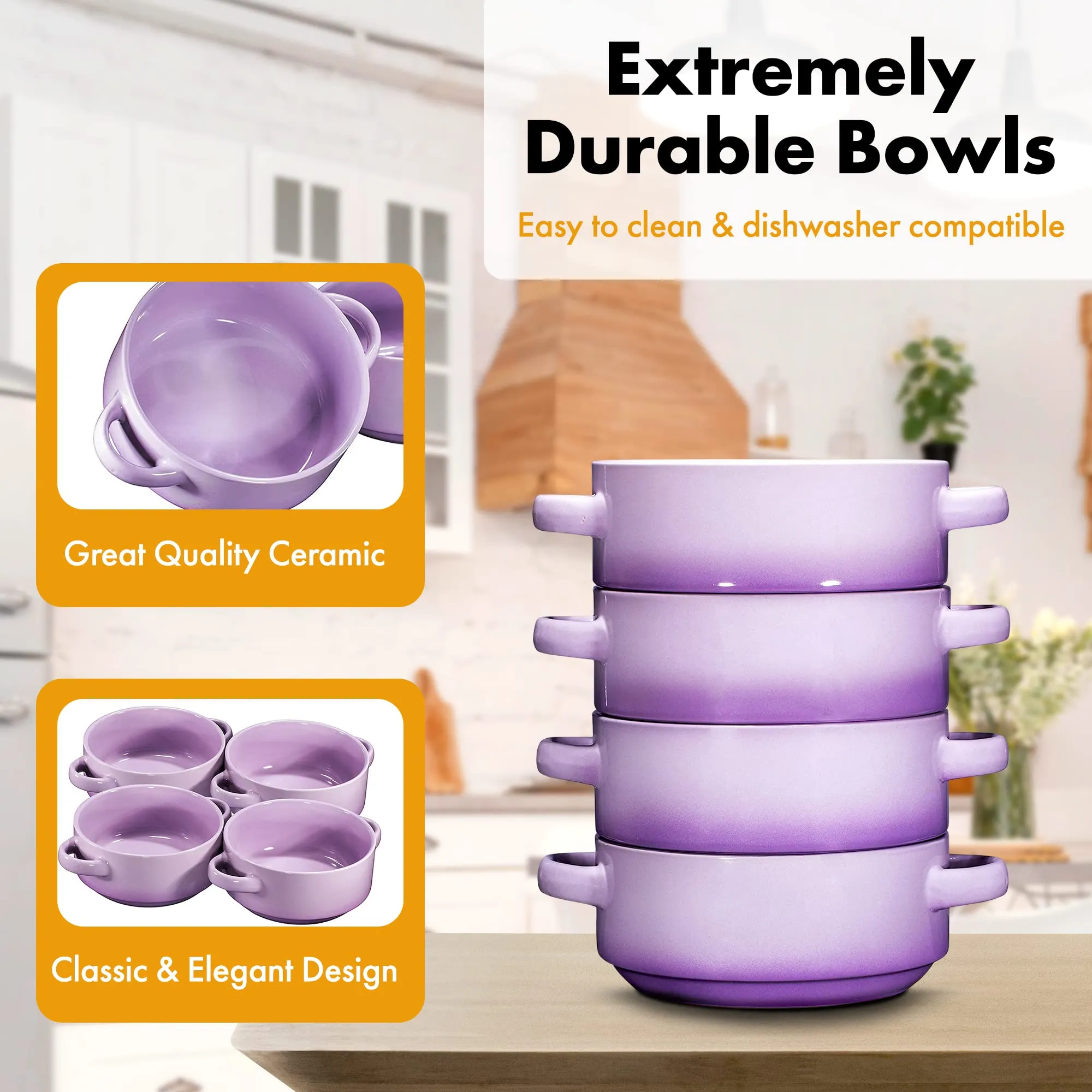 19oz Ceramic Soup Bowls with Handles - Oven Safe Bowls for French Onion Soup, Purple Oven