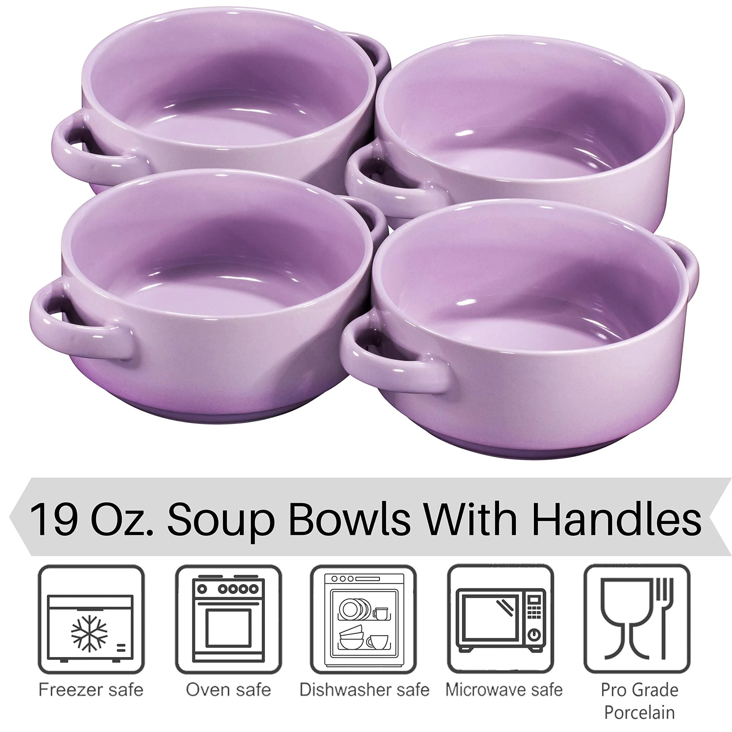 19oz Ceramic Soup Bowls with Handles - Oven Safe Bowls for French Onion Soup, Purple Oven