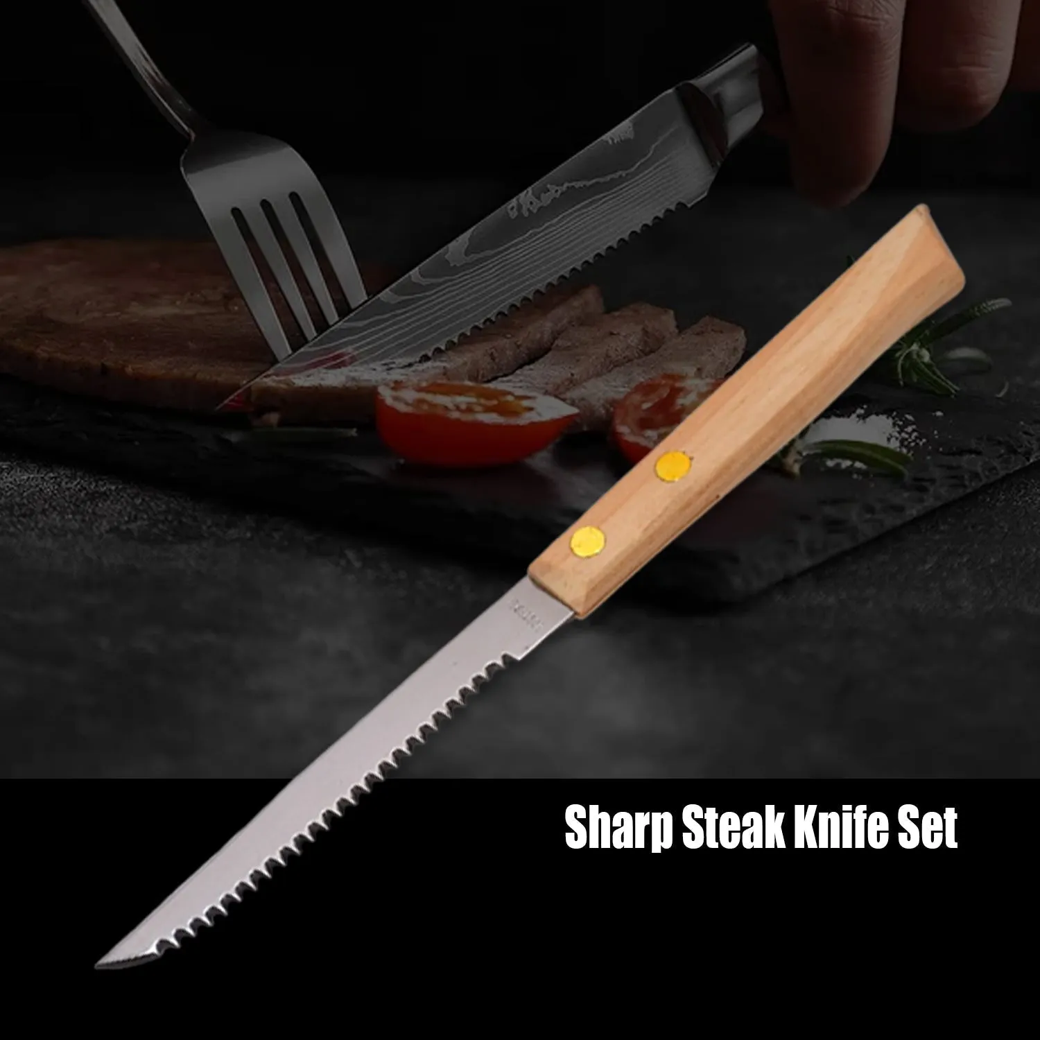 2570 Cooking Light Premium Steak Knife Set of 4pc Serrated Edge, Riveted Construction, Ergonomic Handles.