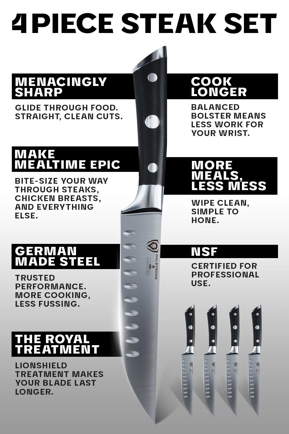 4-Piece Straight-Edge Steak Knife Set | Gladiator Series | NSF Certified | Dalstrong ©