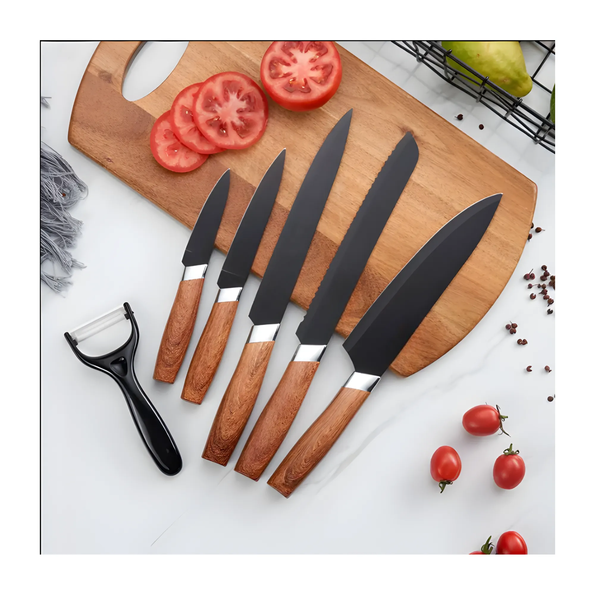 5Pcs Stainless Steel Blades Knives Set With Peeler And Wooden Holder Ib-269