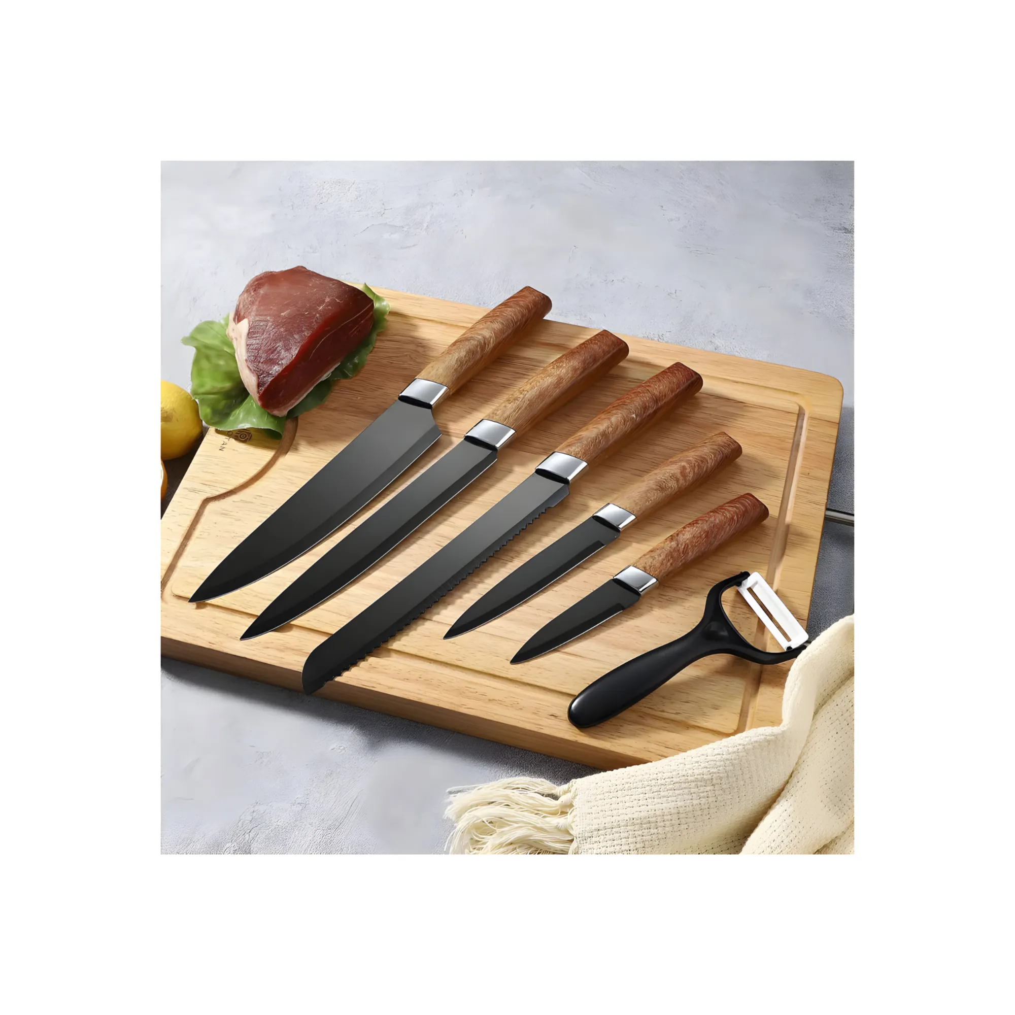 5Pcs Stainless Steel Blades Knives Set With Peeler And Wooden Holder Ib-269