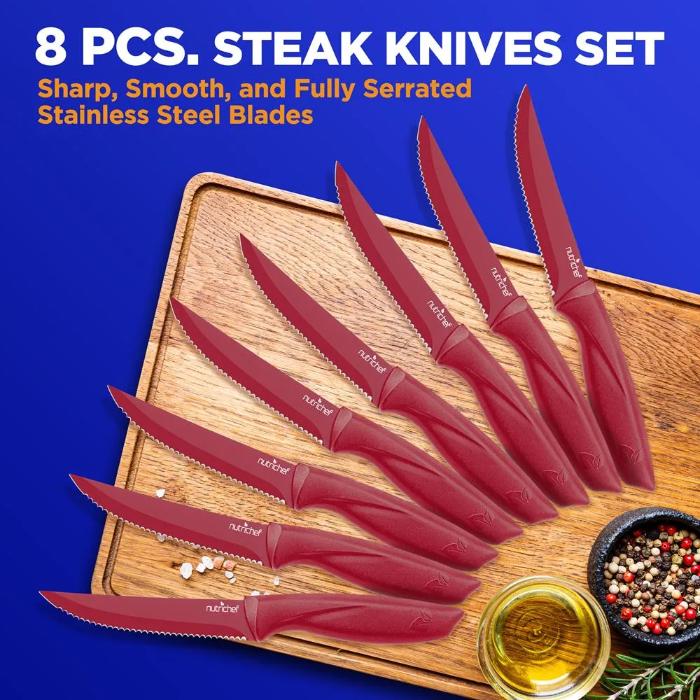 8 Pcs. Steak Knives Set - Non-Stick Coating Knives Set With Stainless Steel Blades, Unbreakable Knives, Great For Bbq Grill (Red)