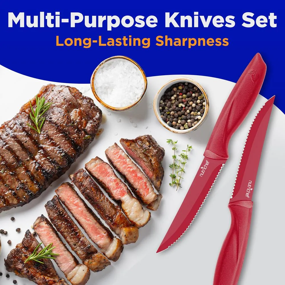 8 Pcs. Steak Knives Set - Non-Stick Coating Knives Set With Stainless Steel Blades, Unbreakable Knives, Great For Bbq Grill (Red)