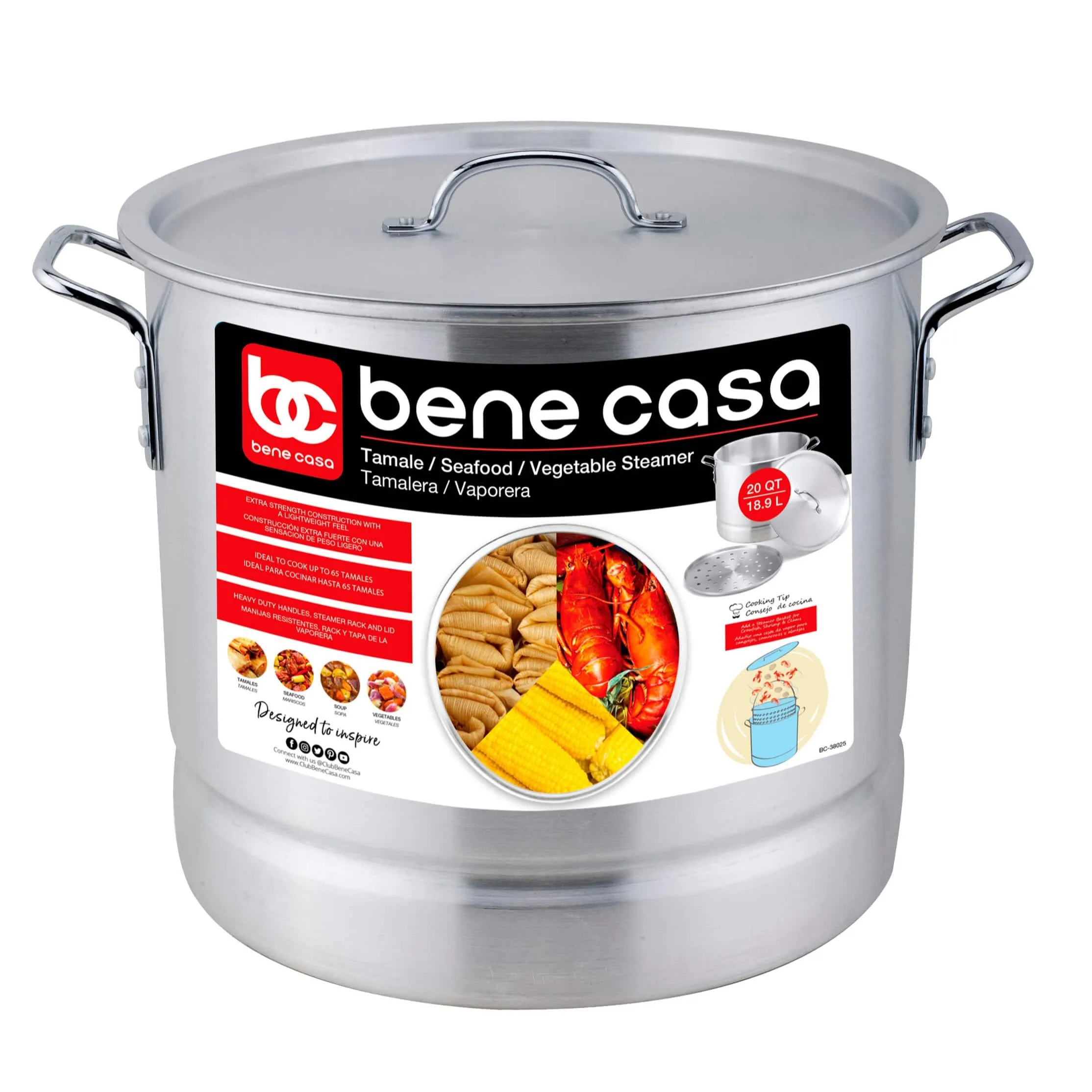 Bene Casa Aluminum Stock Pot with Steamer Rack and Lid