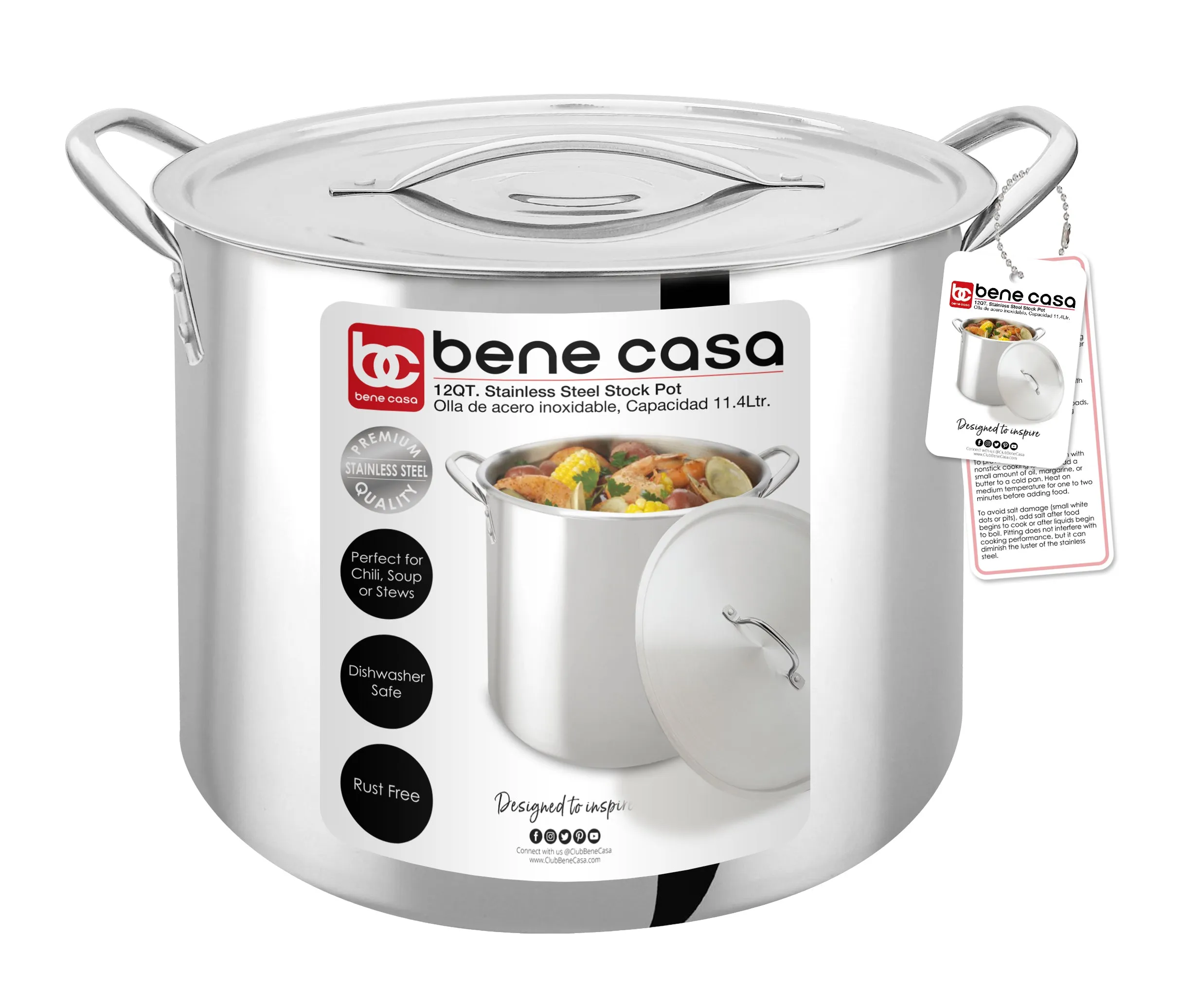 Bene Casa Stainless-Steel Stock Pot w/ lid,  reinforced bottom