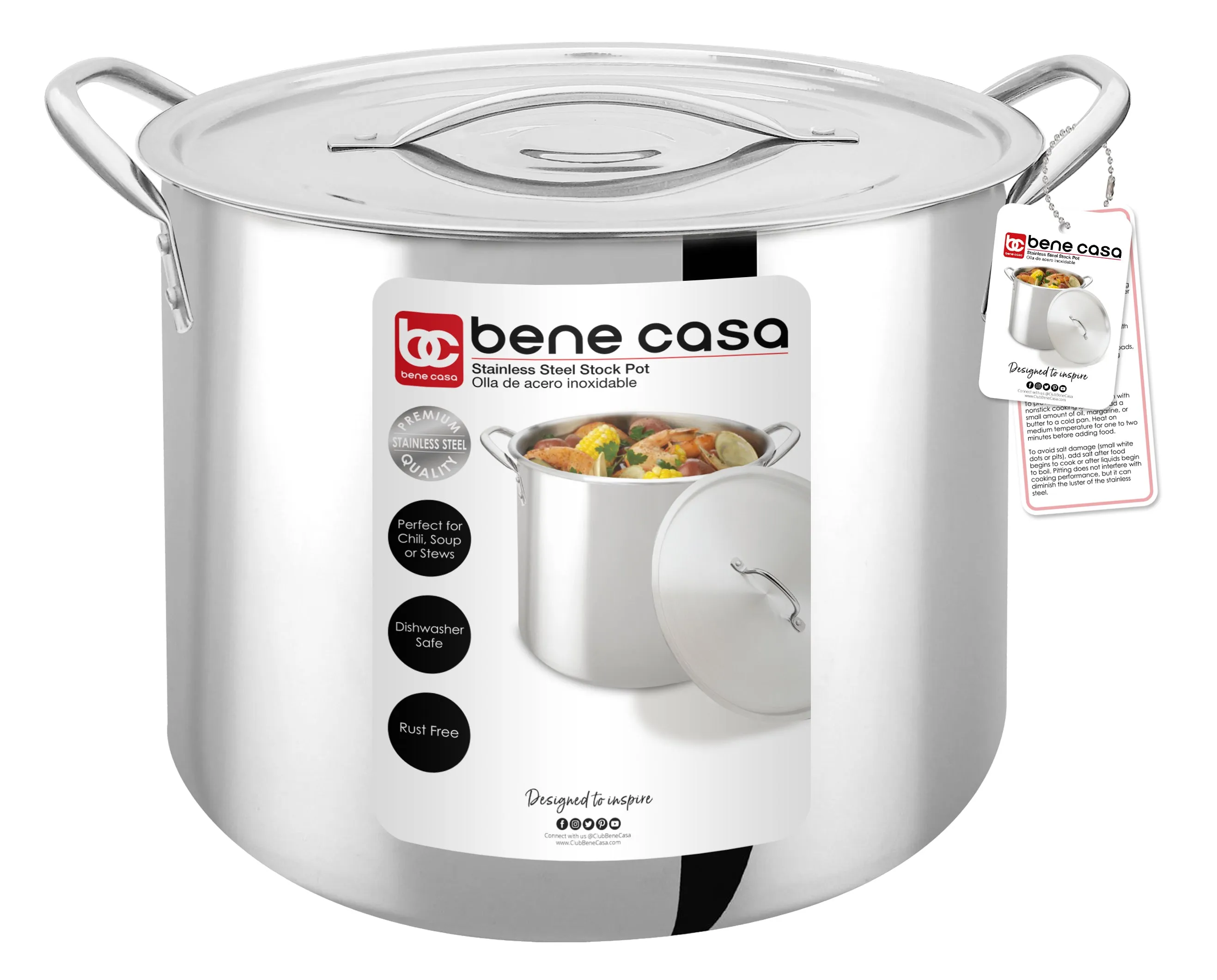 Bene Casa Stainless-Steel Stock Pot w/ lid,  reinforced bottom