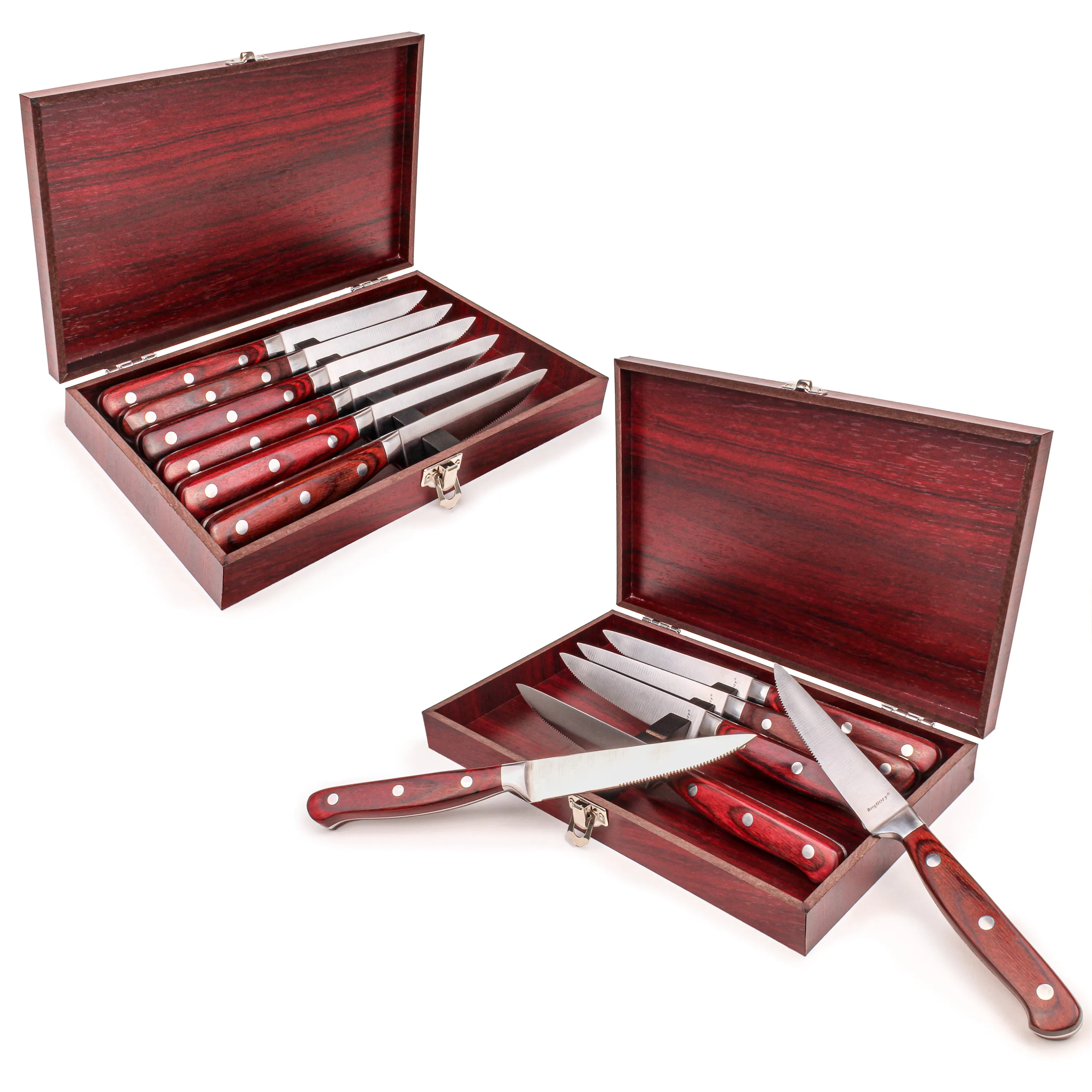 BergHOFF Pakka Wood 14pc Stainless Steel Steak Knife Set with Wood Cases