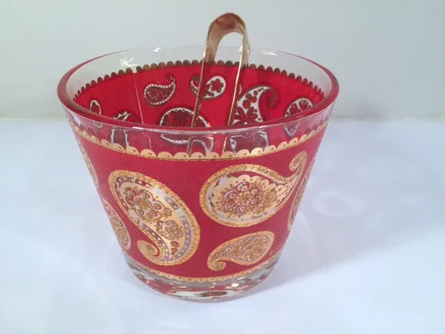 Culver Signed Mid-Century Red & 22-Karat Gold Paisley Ice Container and Tongs