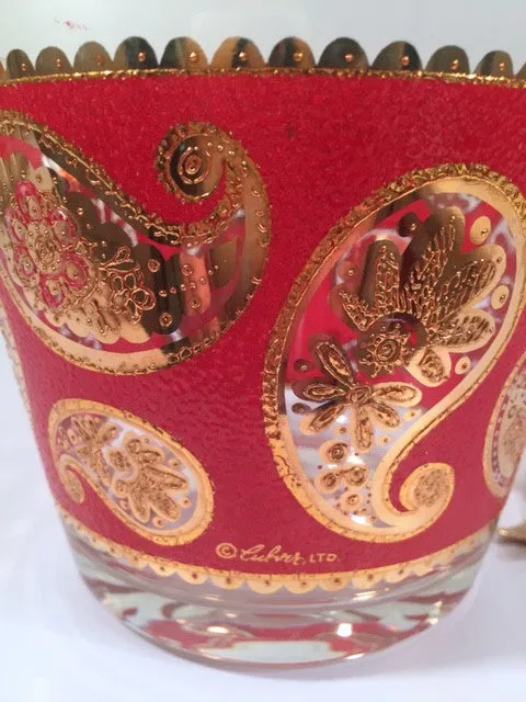 Culver Signed Mid-Century Red & 22-Karat Gold Paisley Ice Container and Tongs