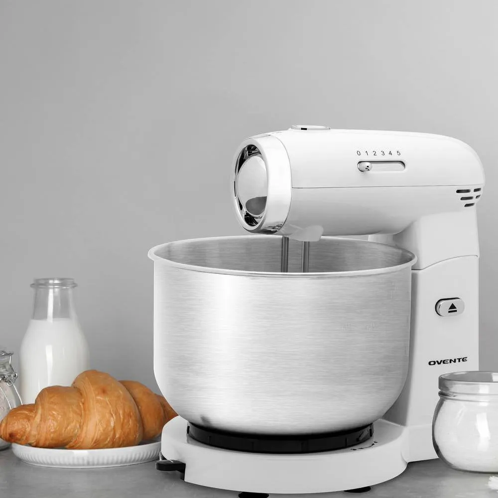 Electric Stand Mixer 3.5 Qt., 5 Speed Control, 250-Watt with 2 Blender Attachment Egg Beater Whisk and Dough Hook White