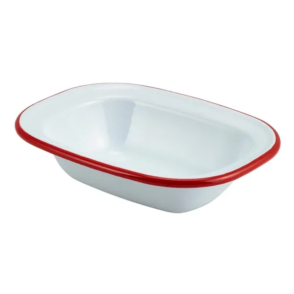 Enamel Rect. Pie Dish White with Red Rim 16cm- Pack 12