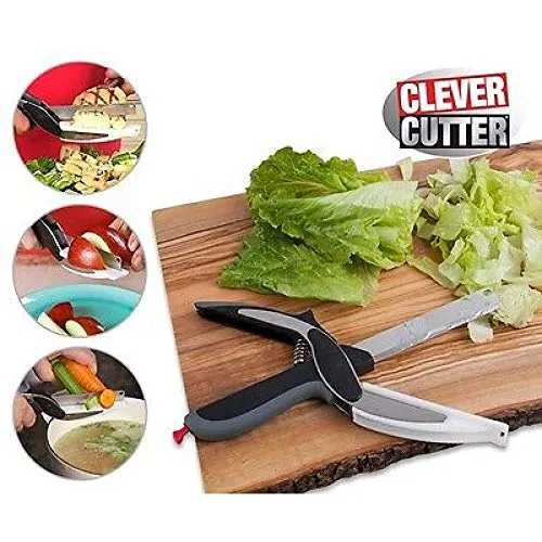 Figment 2-in-1 18/10 Steel Smart Clever Cutter Kitchen Knife Food Chopper and in Built Mini Chopping Board with Locking Hinge; with Spring Action; Stainless Steel Blade (Black)