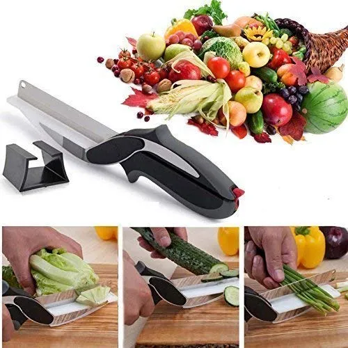 Figment 2-in-1 18/10 Steel Smart Clever Cutter Kitchen Knife Food Chopper and in Built Mini Chopping Board with Locking Hinge; with Spring Action; Stainless Steel Blade (Black)