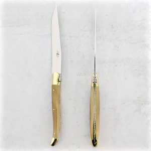 Forge de Laguiole Horn Tip Handle Steak Knives - Brass Bolsters - Set of 2