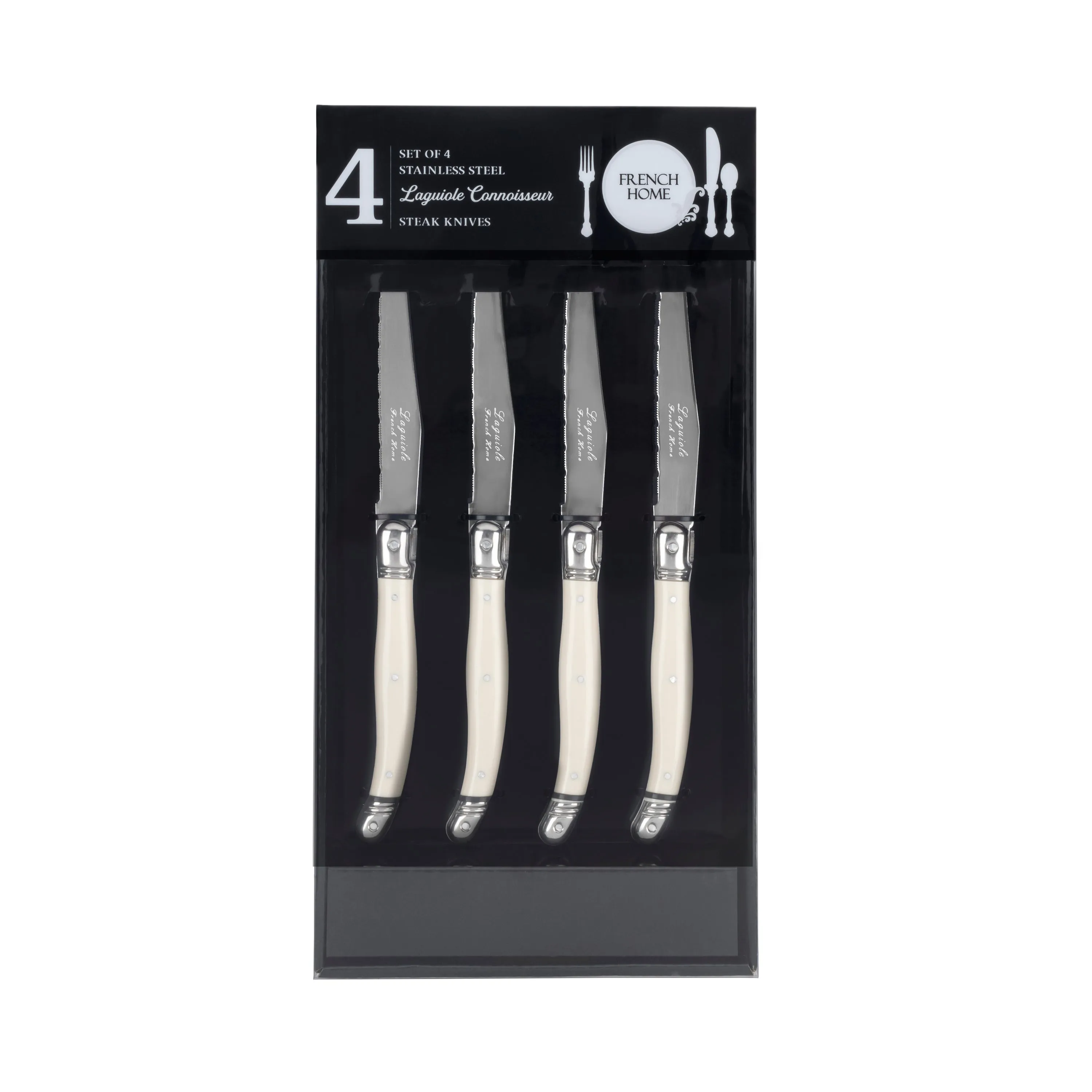 French Home Laguiole Connoisseur 4-Piece Steak Knife Set with Ivory-Colored Handles