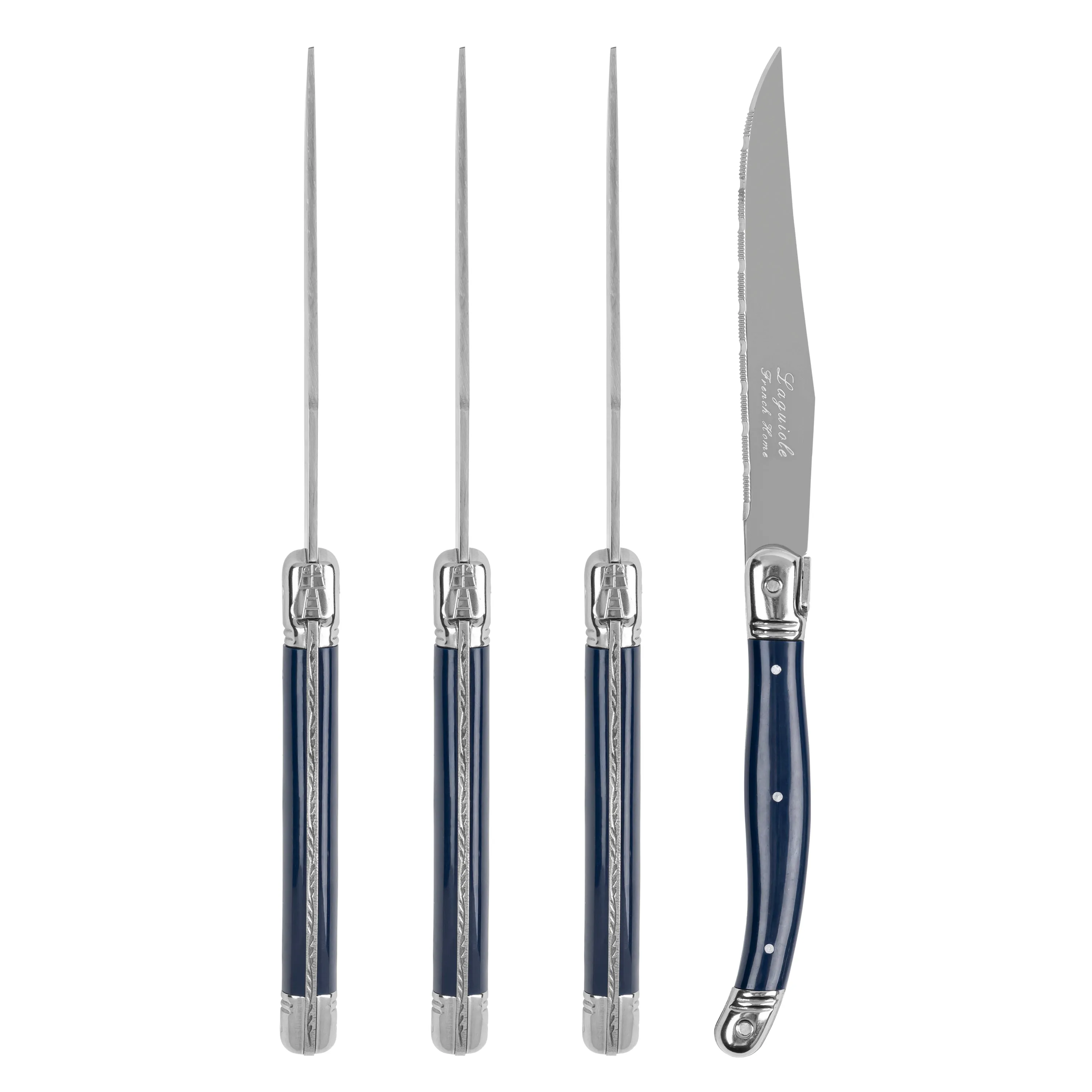 French Home Laguiole Connoisseur 4-Piece Steak Knife Set with Navy Handles