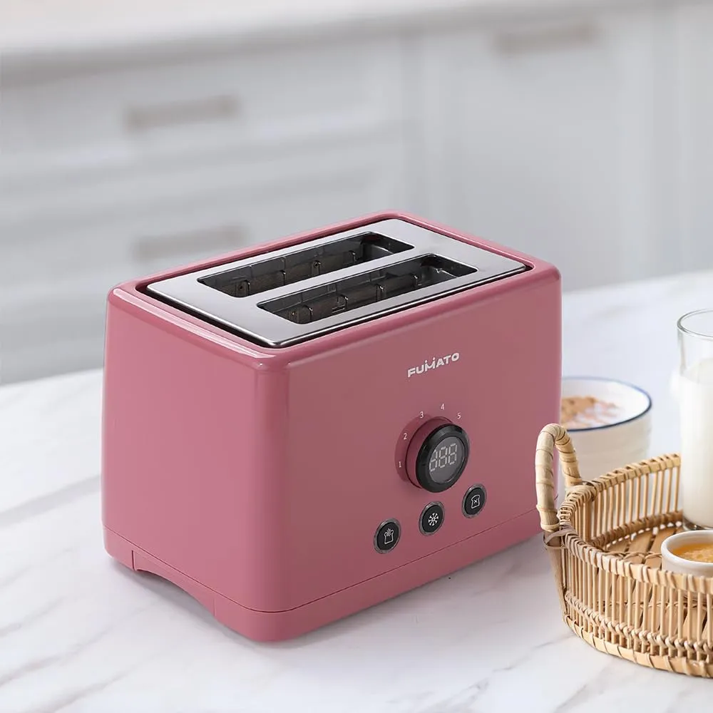 FUMATO 1000W Pop Up Toaster 2 Slices Automatic | Premium Bread Toaster with 6 Modes, Removable Crumb Tray, Extra Wide Slots | Cute Electric Toaster with Cancel, Reheat & Defrost | 1 Yr Warranty- Pink