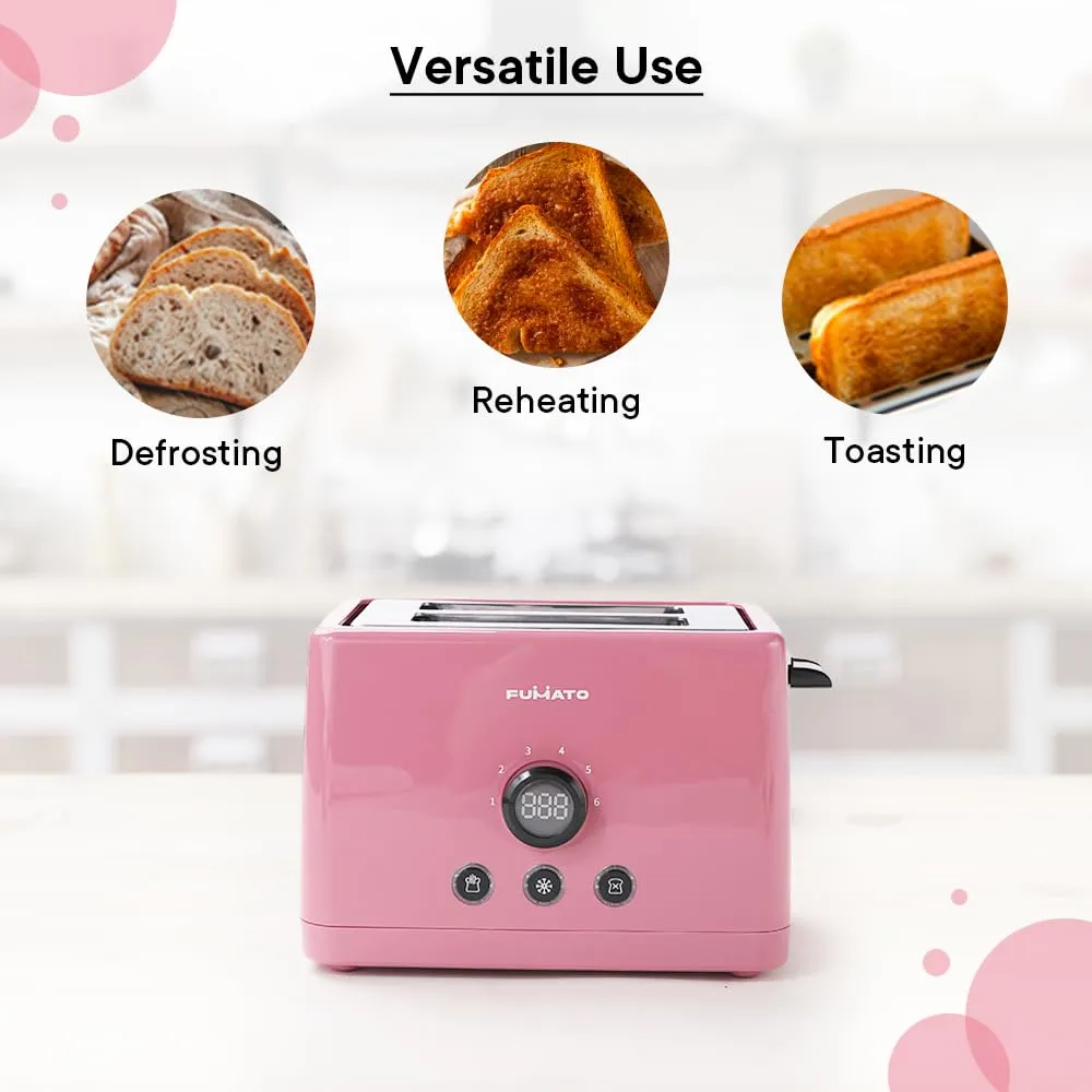 FUMATO 1000W Pop Up Toaster 2 Slices Automatic | Premium Bread Toaster with 6 Modes, Removable Crumb Tray, Extra Wide Slots | Cute Electric Toaster with Cancel, Reheat & Defrost | 1 Yr Warranty- Pink