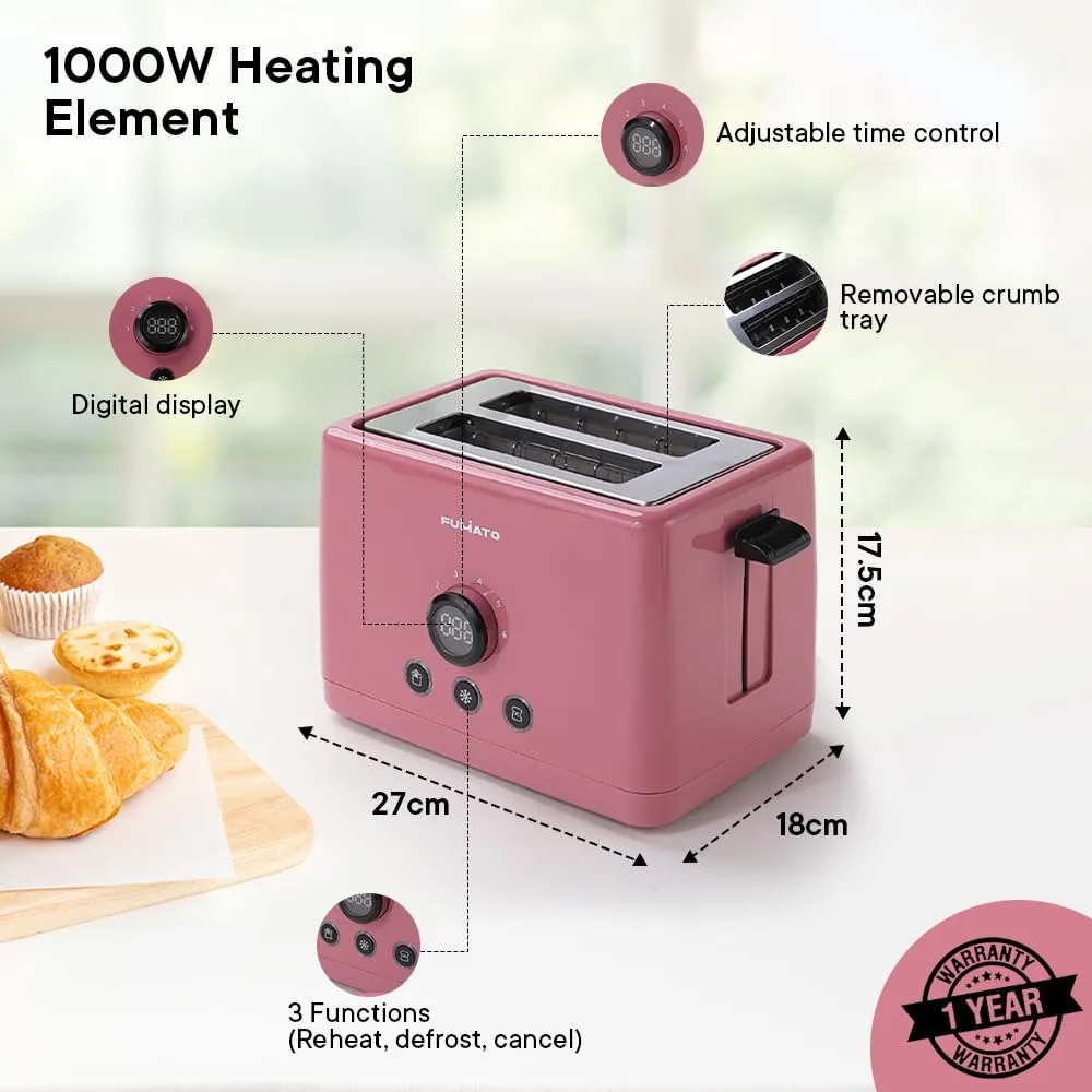 FUMATO 1000W Pop Up Toaster 2 Slices Automatic | Premium Bread Toaster with 6 Modes, Removable Crumb Tray, Extra Wide Slots | Cute Electric Toaster with Cancel, Reheat & Defrost | 1 Yr Warranty- Pink