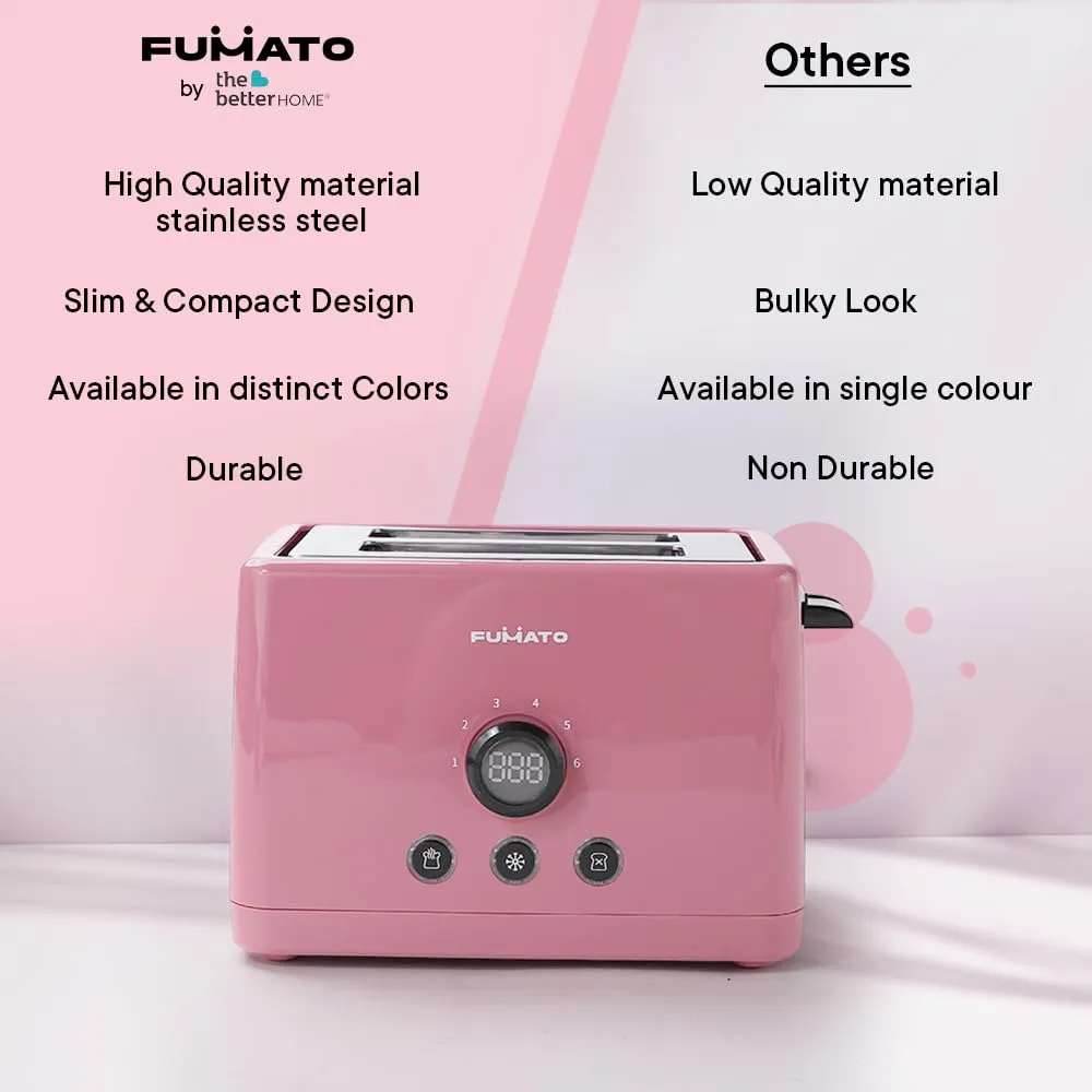 FUMATO 1000W Pop Up Toaster 2 Slices Automatic | Premium Bread Toaster with 6 Modes, Removable Crumb Tray, Extra Wide Slots | Cute Electric Toaster with Cancel, Reheat & Defrost | 1 Yr Warranty- Pink