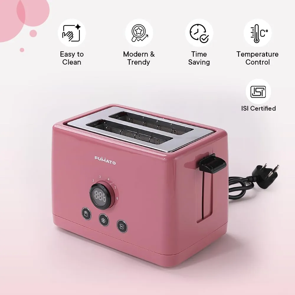 FUMATO 1000W Pop Up Toaster 2 Slices Automatic | Premium Bread Toaster with 6 Modes, Removable Crumb Tray, Extra Wide Slots | Cute Electric Toaster with Cancel, Reheat & Defrost | 1 Yr Warranty- Pink