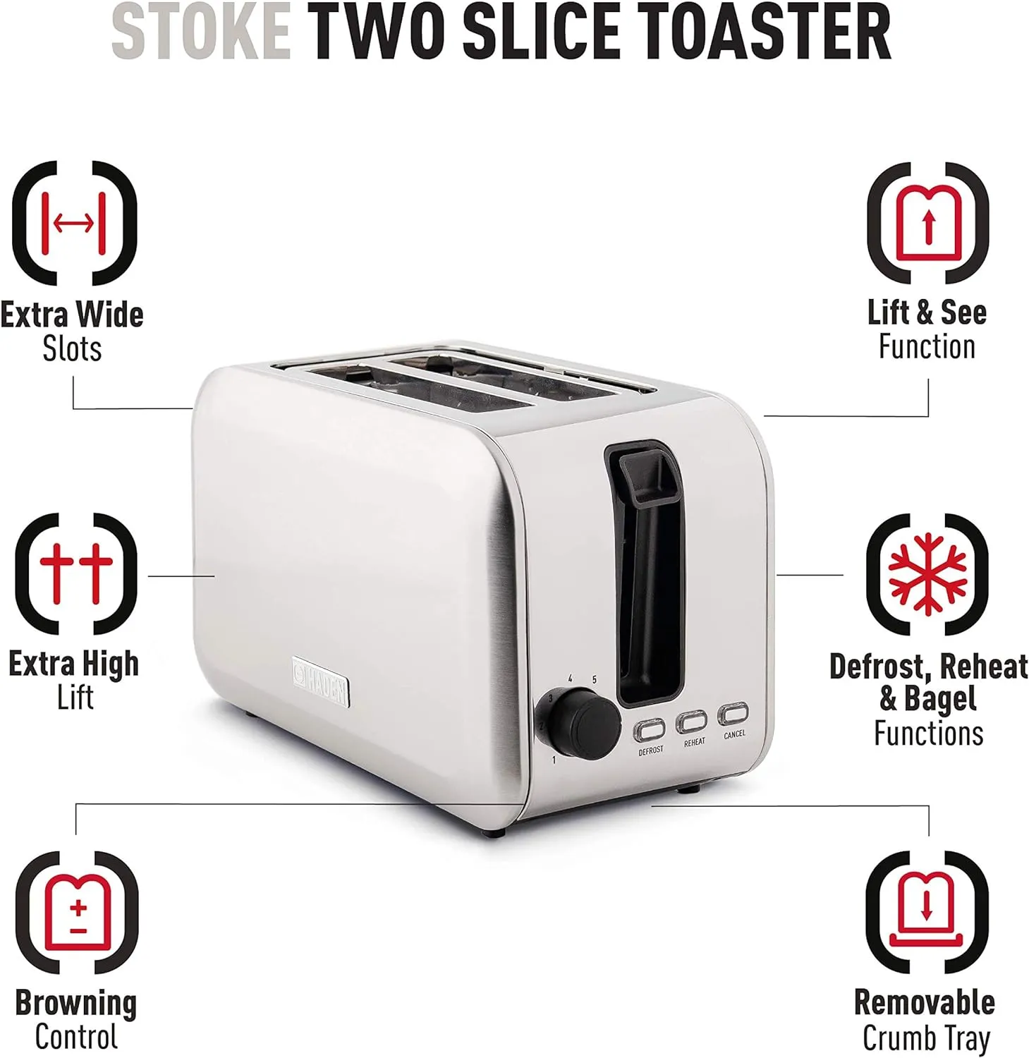 Haden Stoke Brushed Steel 2 Slice Toaster