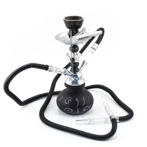 HOOKAH - 26cm 2 HOSE BLACK ARABIC GLASS CHROME METAL & BLK CONE