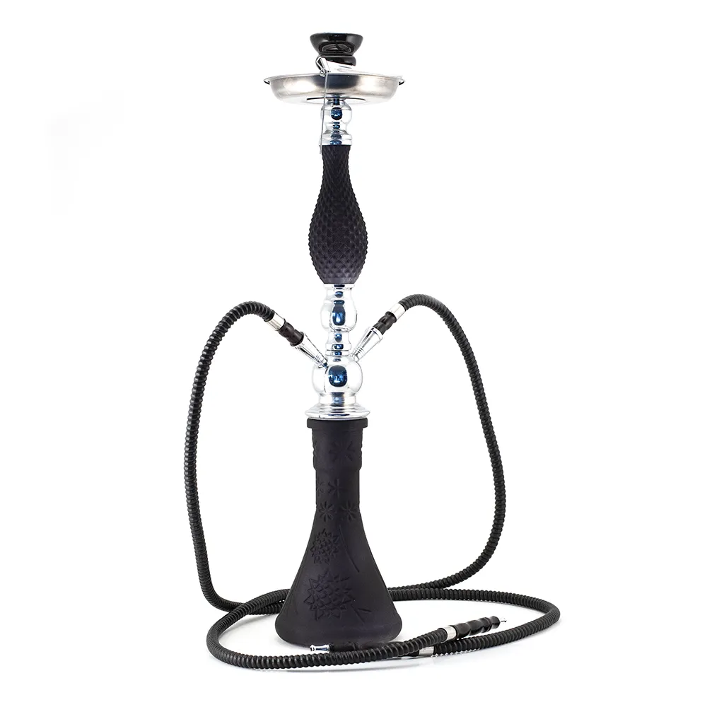 HOOKAH - 65cm 2 HOSE MATT BLK PATTERN GLASS CHROME METAL BLACK CONE