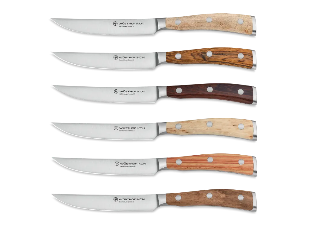 Ikon 6-Piece Mixed Wood Steak Knife Set with Leather Knife Roll