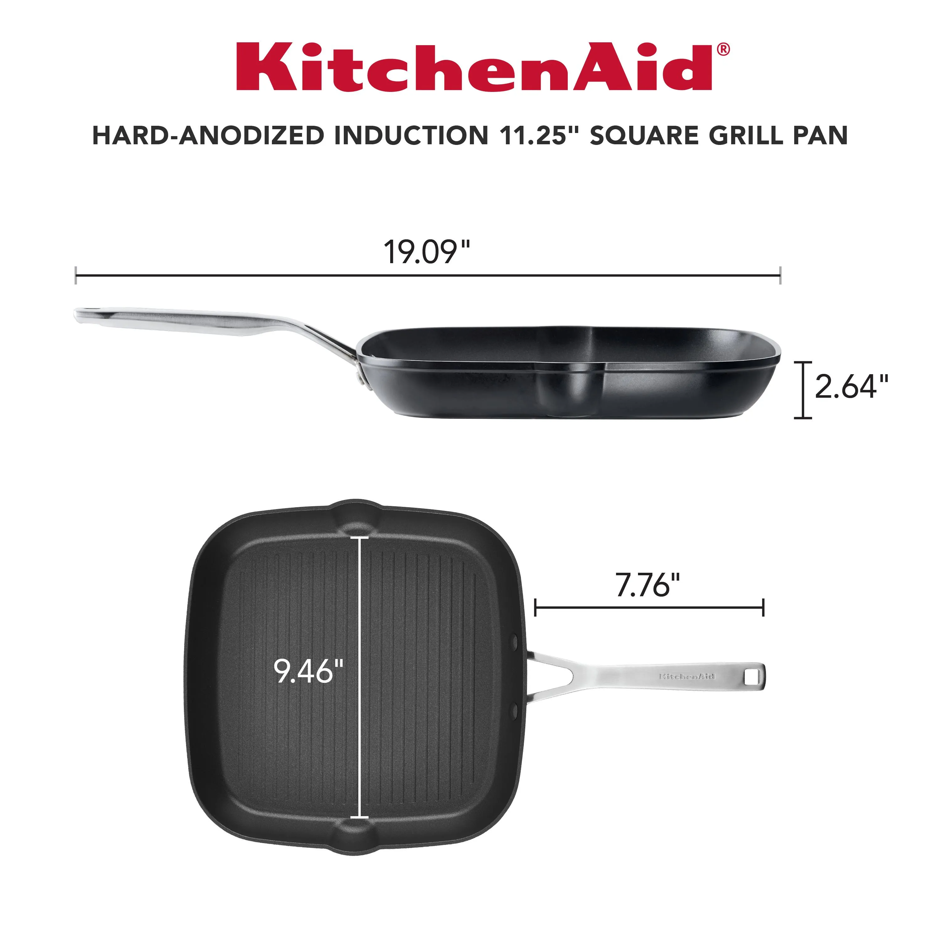 KitchenAid Hard-Anodized Induction Nonstick Square Grill Pan, 11.25-Inch, Matte Black