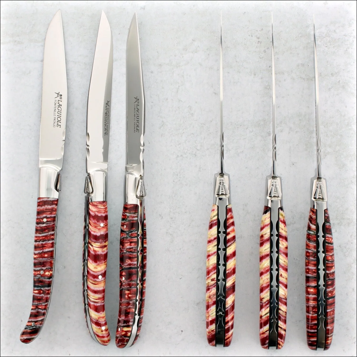 Laguiole Forged Steak Knives Fossilized Woolly Mammoth Tooth  - Set of 6 - Fuchsia & Cream