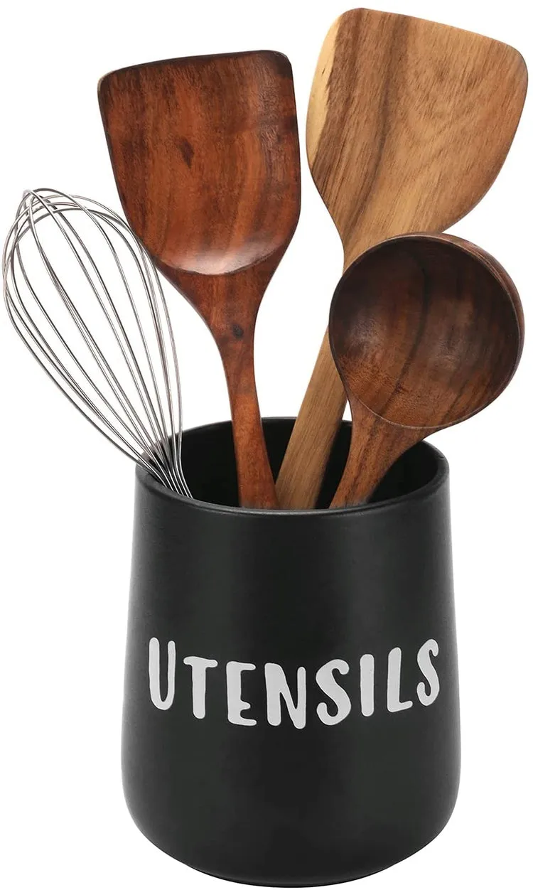 Matte Black Ceramic Kitchen Crock Cooking Utensil Holder with White UTENSILS Stenciled Print