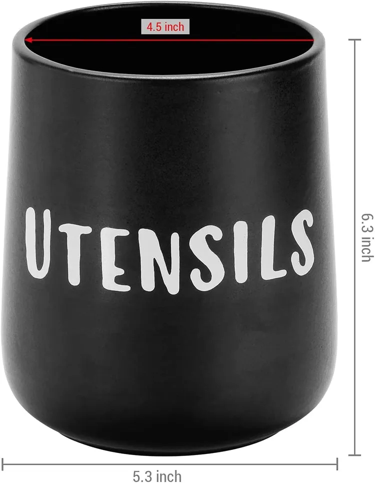 Matte Black Ceramic Kitchen Crock Cooking Utensil Holder with White UTENSILS Stenciled Print