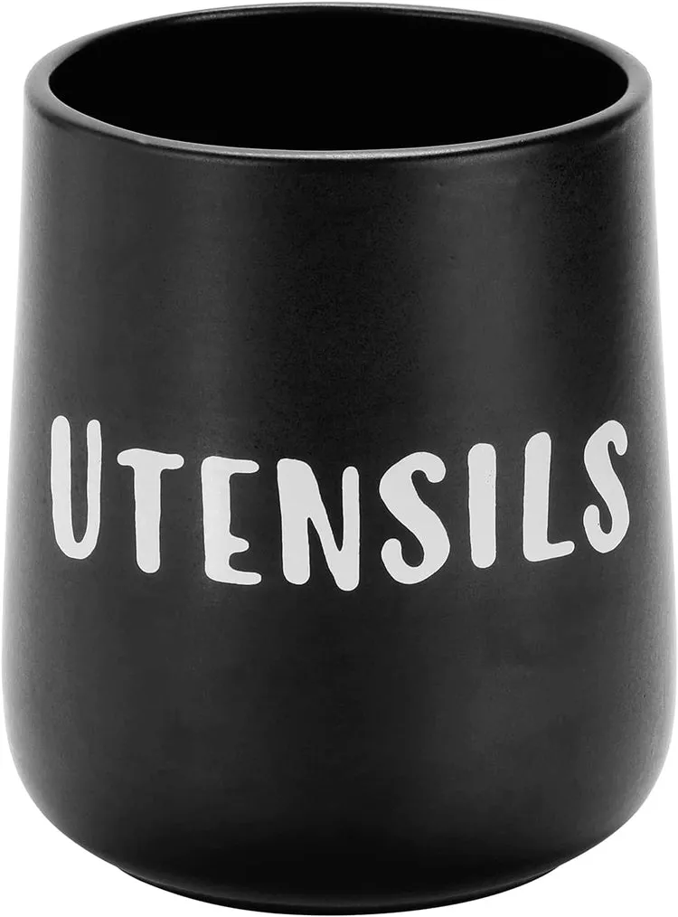 Matte Black Ceramic Kitchen Crock Cooking Utensil Holder with White UTENSILS Stenciled Print