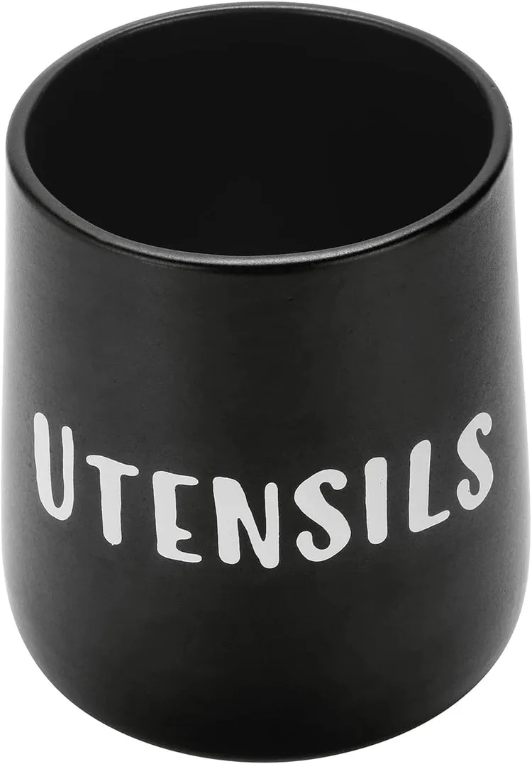 Matte Black Ceramic Kitchen Crock Cooking Utensil Holder with White UTENSILS Stenciled Print