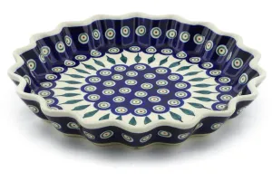 Polish Pottery 10" Fluted Pie Dish Peacock Leaves