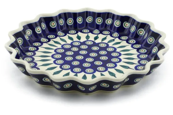 Polish Pottery 10" Fluted Pie Dish Peacock Leaves