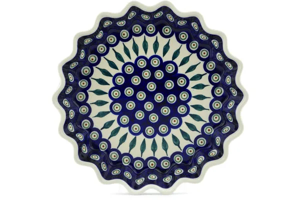 Polish Pottery 10" Fluted Pie Dish Peacock Leaves