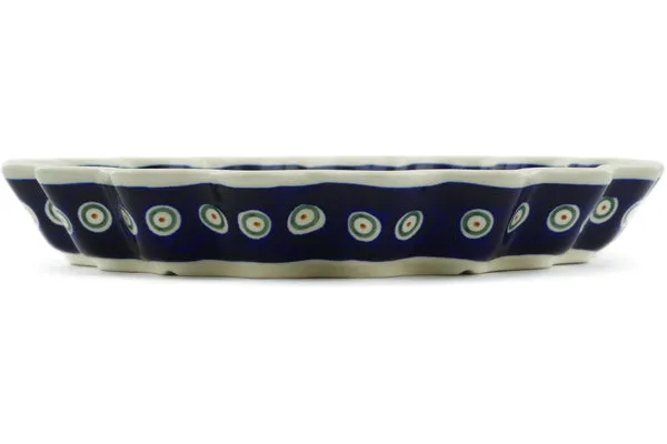 Polish Pottery 10" Fluted Pie Dish Peacock Leaves