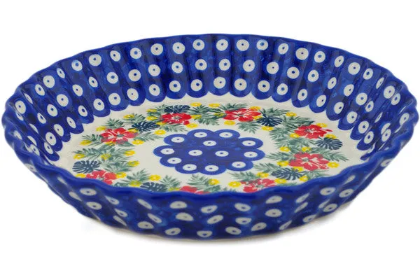 Polish Pottery 10" Fluted Pie Dish Tropical Peacock UNIKAT