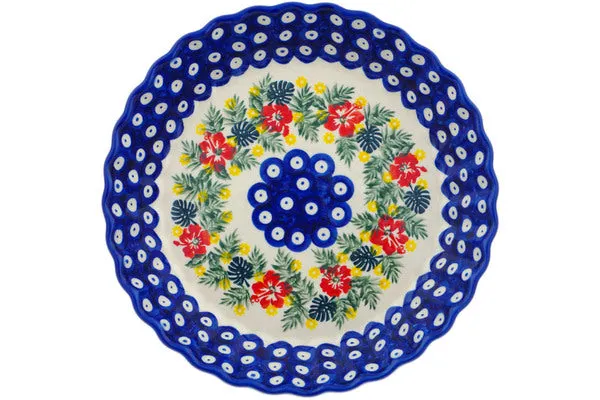 Polish Pottery 10" Fluted Pie Dish Tropical Peacock UNIKAT