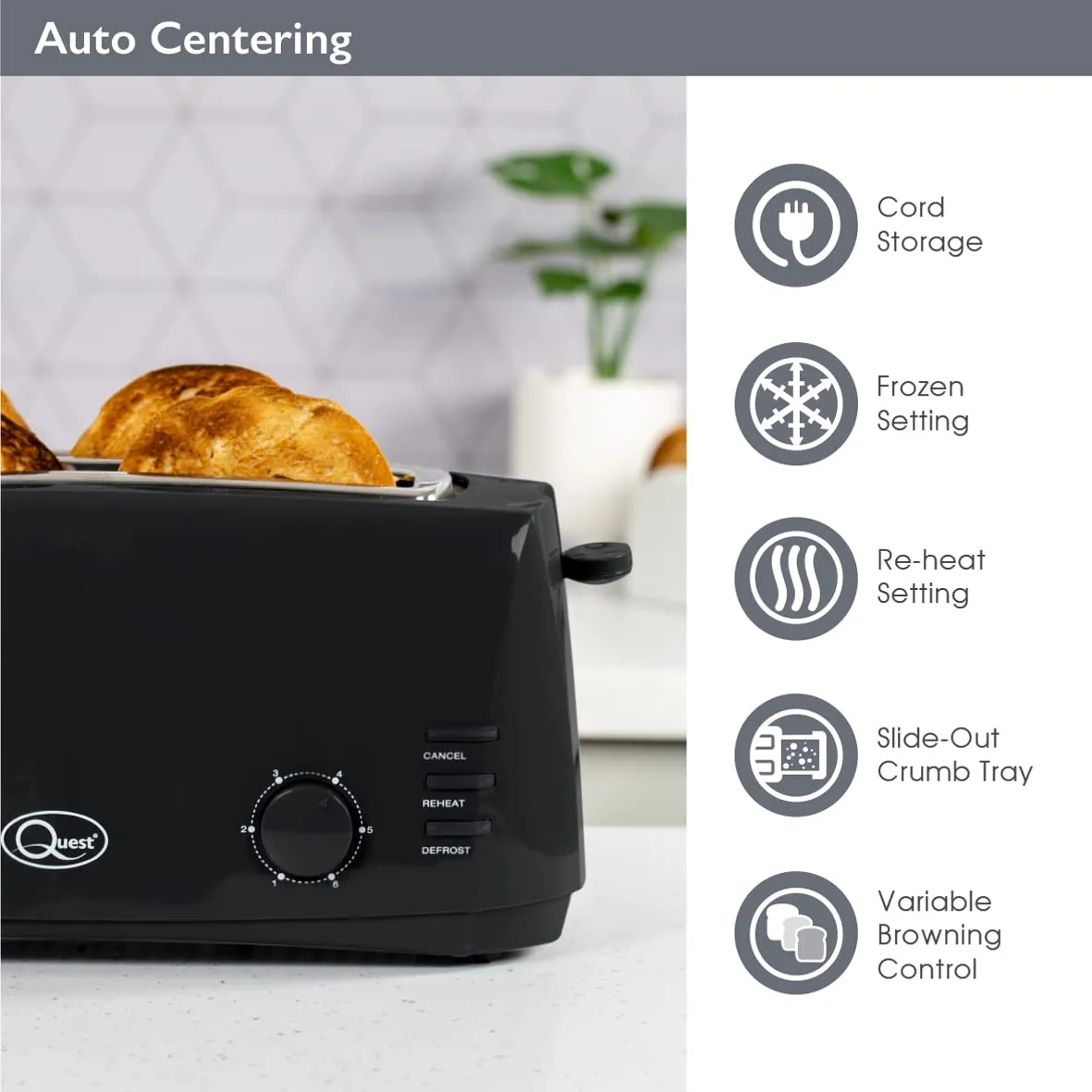 Quest 4 Slice Toaster Black - Extra Wide Long Slots for Crumpets and Bagels - 6 Settings - Reheat and Defrost