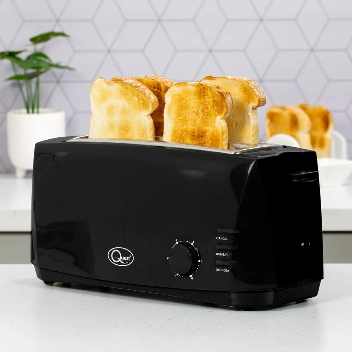 Quest 4 Slice Toaster Black - Extra Wide Long Slots for Crumpets and Bagels - 6 Settings - Reheat and Defrost