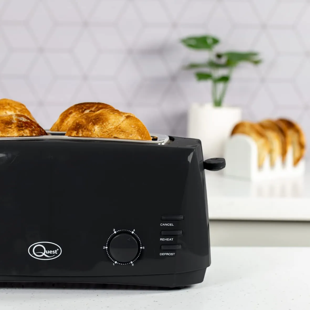 Quest 4 Slice Toaster Black - Extra Wide Long Slots for Crumpets and Bagels - 6 Settings - Reheat and Defrost