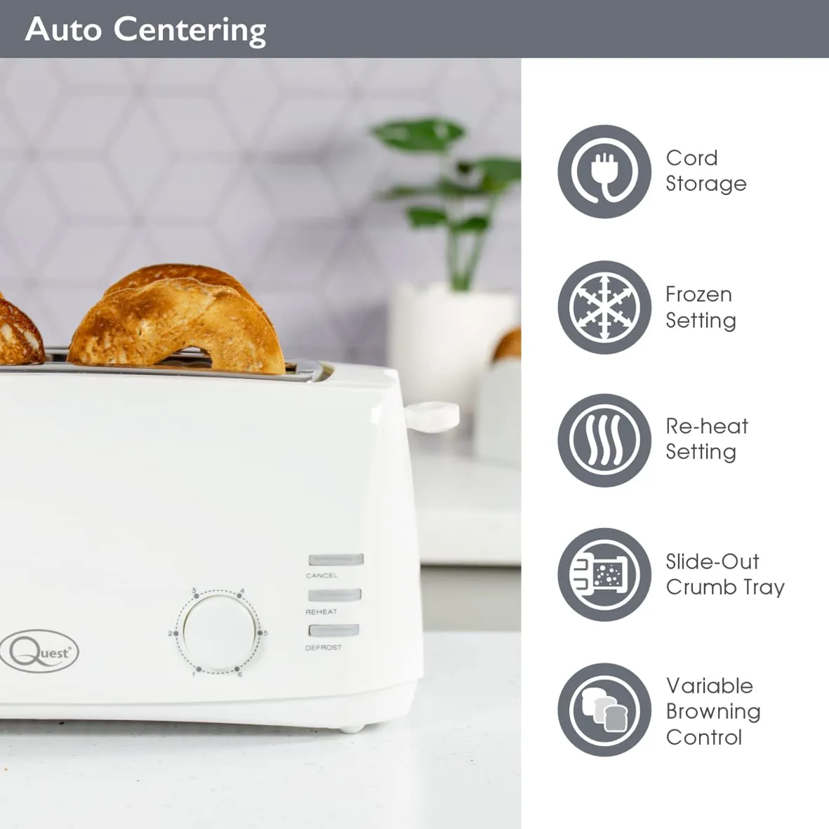 Quest 4 Slice Toaster White - Extra Wide Long Slots for Crumpets and Bagels - 6 Settings - Reheat and Defrost