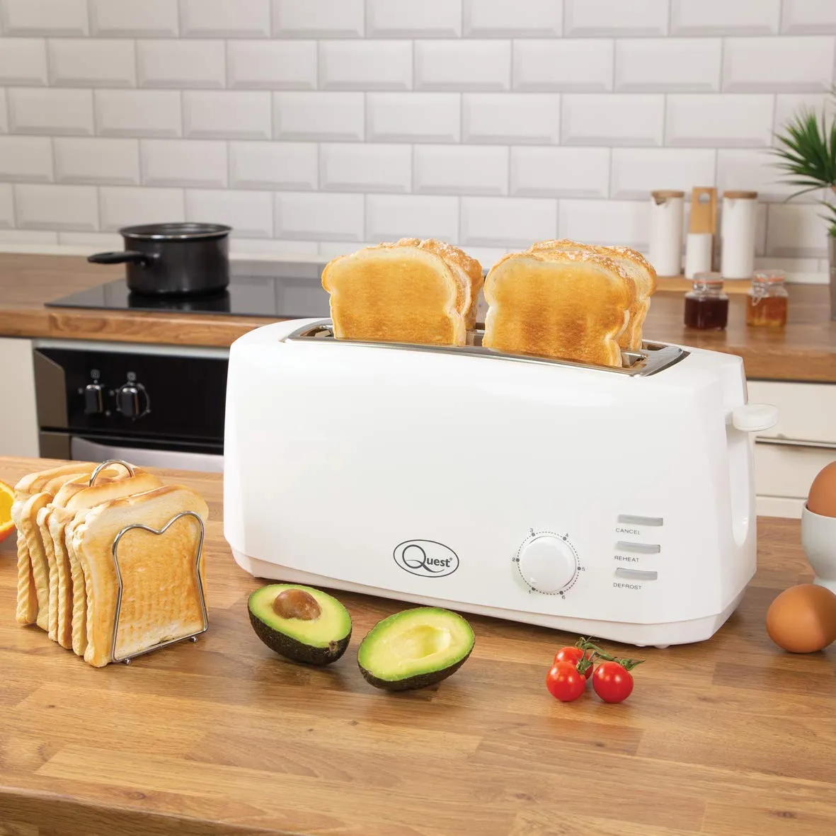 Quest 4 Slice Toaster White - Extra Wide Long Slots for Crumpets and Bagels - 6 Settings - Reheat and Defrost