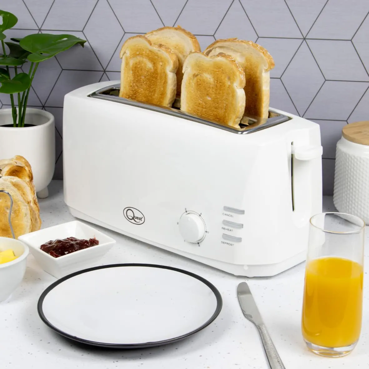 Quest 4 Slice Toaster White - Extra Wide Long Slots for Crumpets and Bagels - 6 Settings - Reheat and Defrost