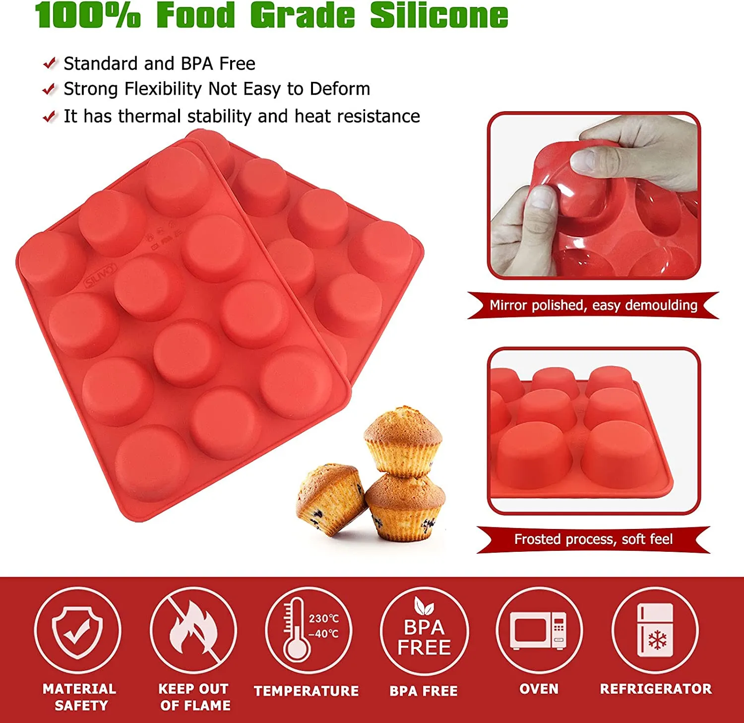 Silicone Muffin Pans Nonstick 12 Cup, 2.5 inch  - Set of 2