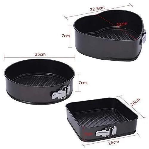 Teflon Coated 3 Pans in Heart, Round, and Square Shaped Cake Moulds  Non-Stick Tins/Pans/Trays with Removable Bottom